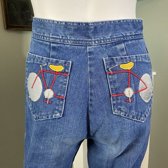 Vintage 70s City Girl Straight Leg Embroidered Bicycle Bike Jeans High Waist 26" - Picture 9 of 15